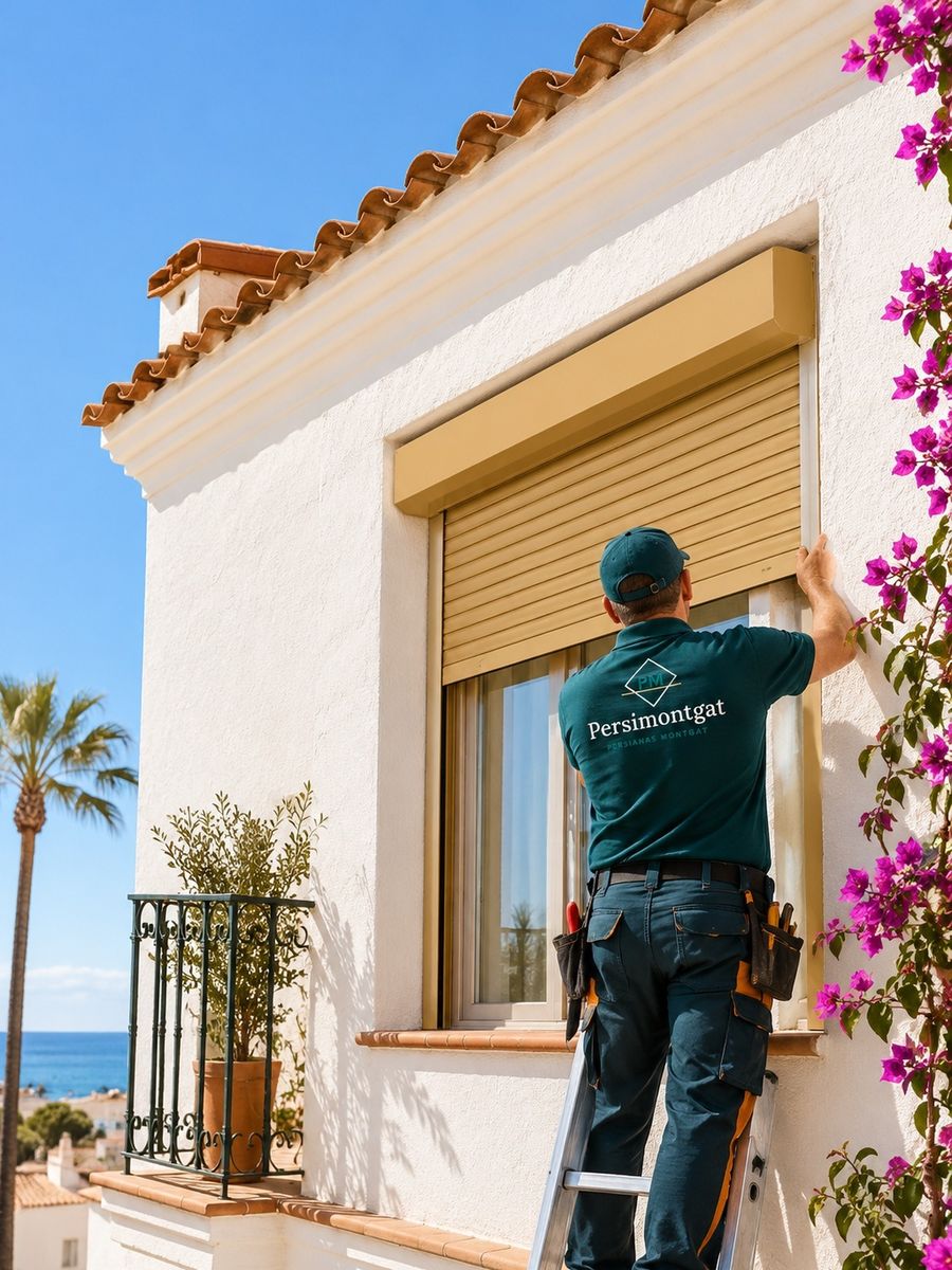 Persiana enrollable de aluminio recién montada en una balconera con el mar al fondo
