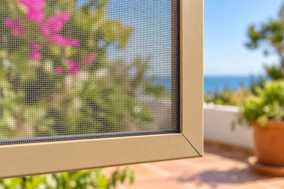 Detalle de la malla fina de fibra de vidrio de una mosquitera, con el jardín al fondo