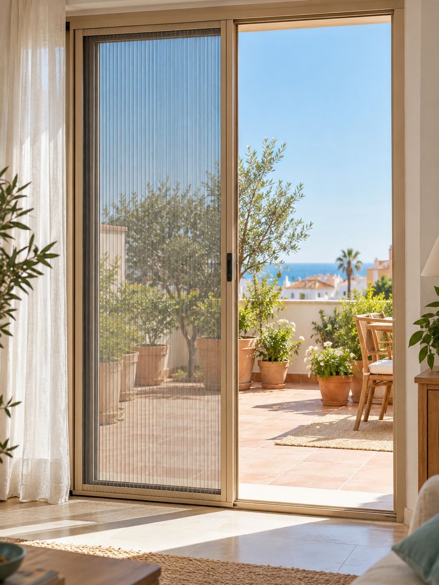 Balconera abierta con mosquitera plisada recogida y el mar al fondo
