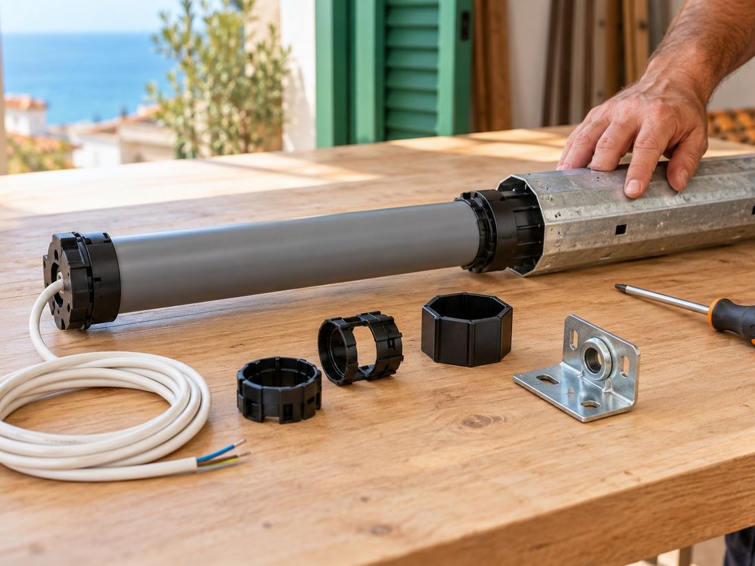 Motor tubular encajado en el eje de una persiana, con la tapa del cajón abierta