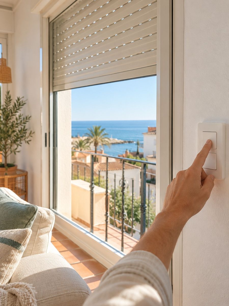 Mano pulsando la tecla de pared mientras sube la persiana enrollable de un salón luminoso