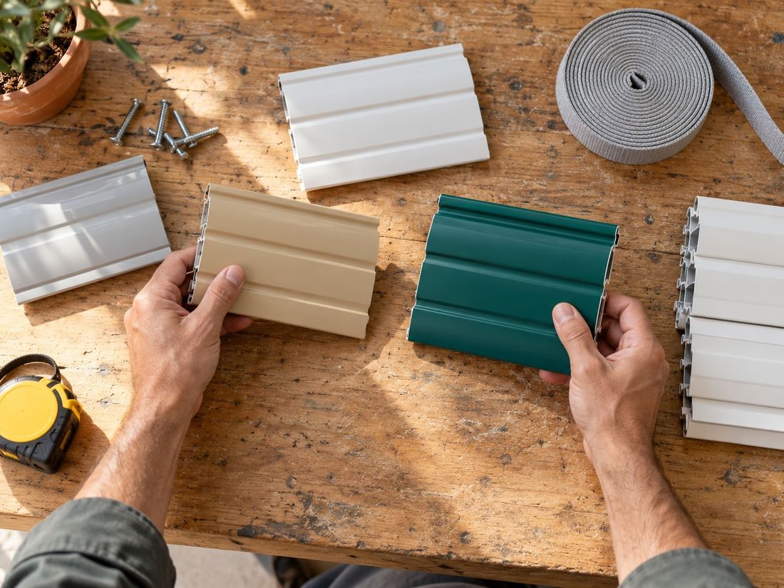 Manos del técnico con muestras de lamas de aluminio y PVC sobre una mesa de madera