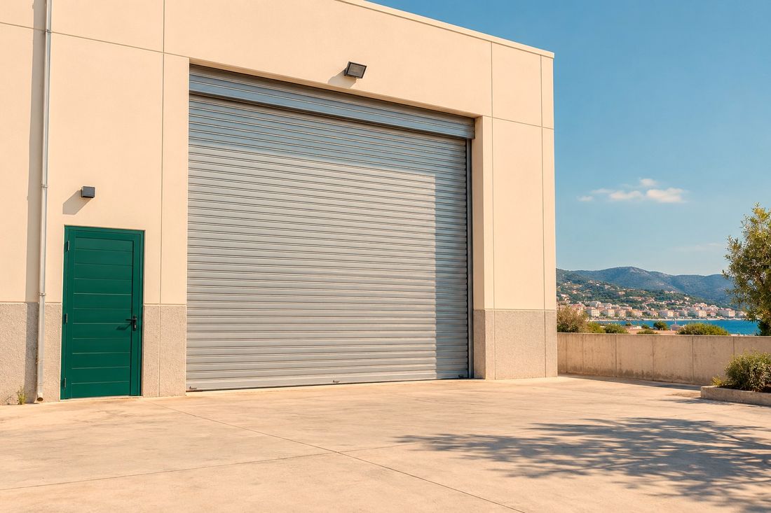 Puerta metálica enrollable de una nave en la zona industrial junto a la costa