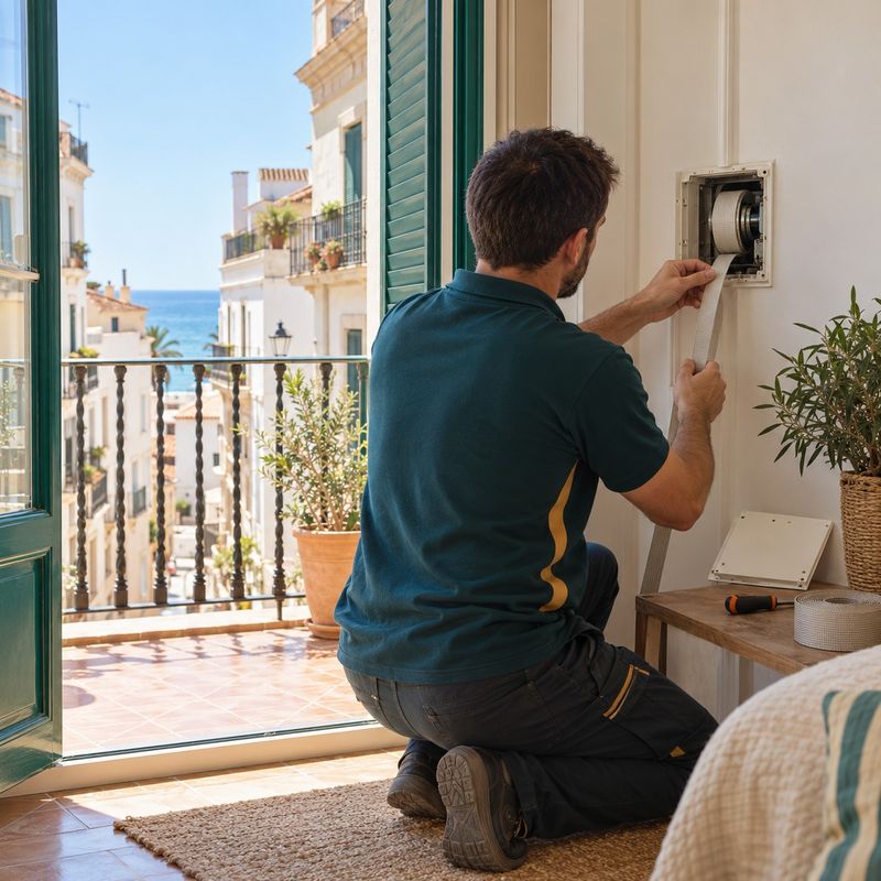 Técnico cambiando la cinta de una persiana en un balcón soleado