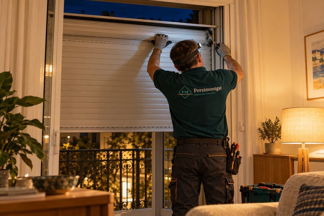Técnico desatascando por la noche la persiana de una balconera, con la luz del salón encendida
